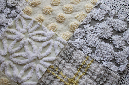 vintage chenille quilt squares, sunshine through clouds, set of 16 grey, white & yellow 6" geometric quilt blocks