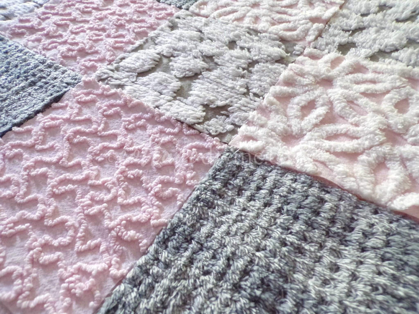 vintage 6" chenille fabric squares, set of 16 sophisticated grey & pink quilt blocks