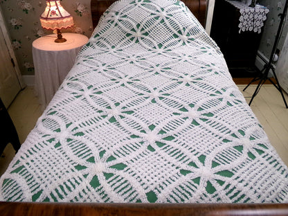 elegant evergreen vintage chenille bedspread, white geometric tufting, full size cotton bedding