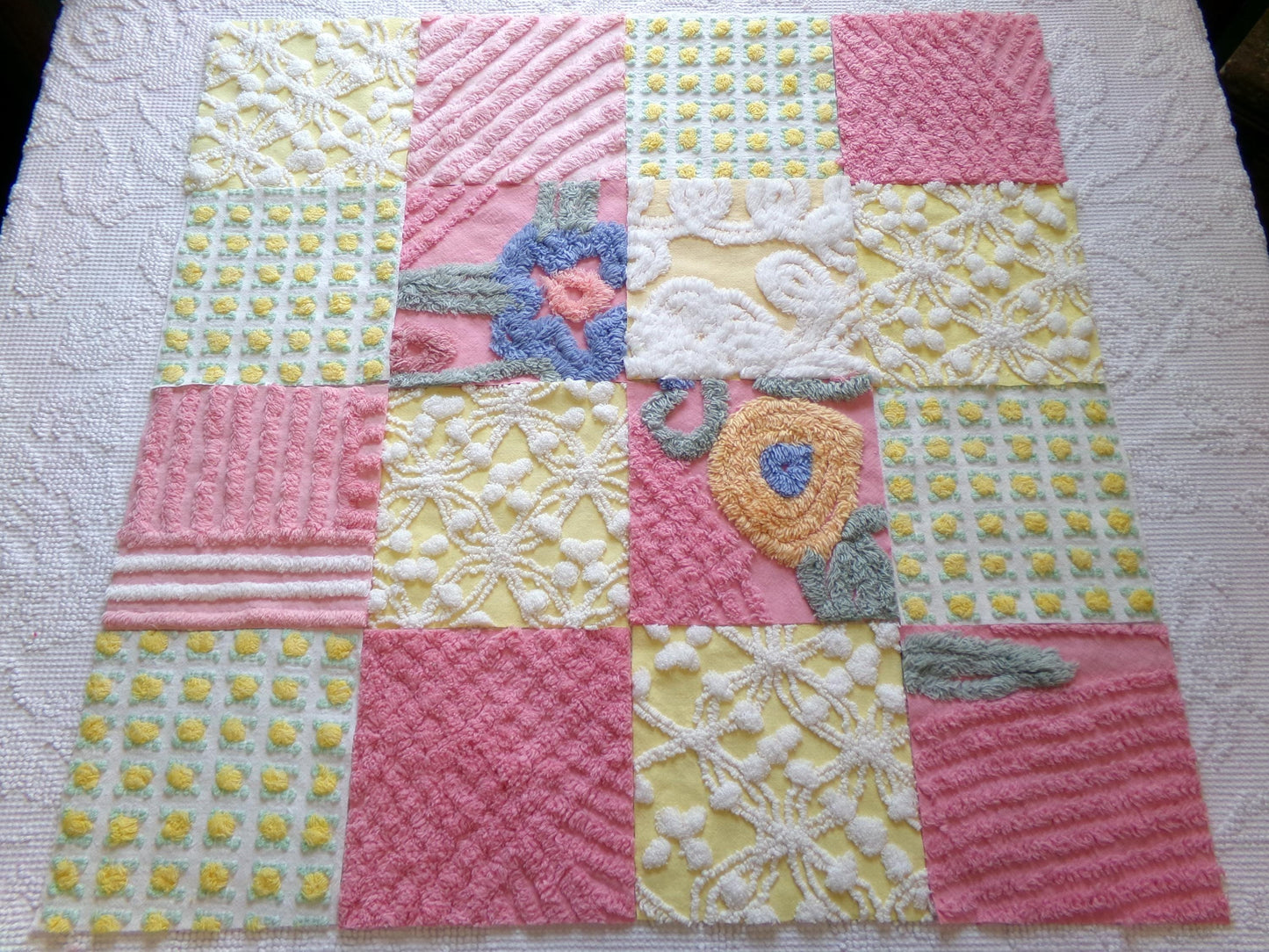 vintage chenille fabric squares, "buttercup baby" set of 16 floral 6" quilt blocks in colorful pink & yellow, for quilting, crafts, sewing