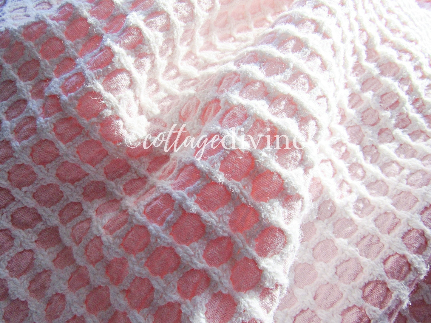 Carnation Pink White Vintage Woven Chenille Fabric Lady Galt Honeycomb Crosses 22x24"