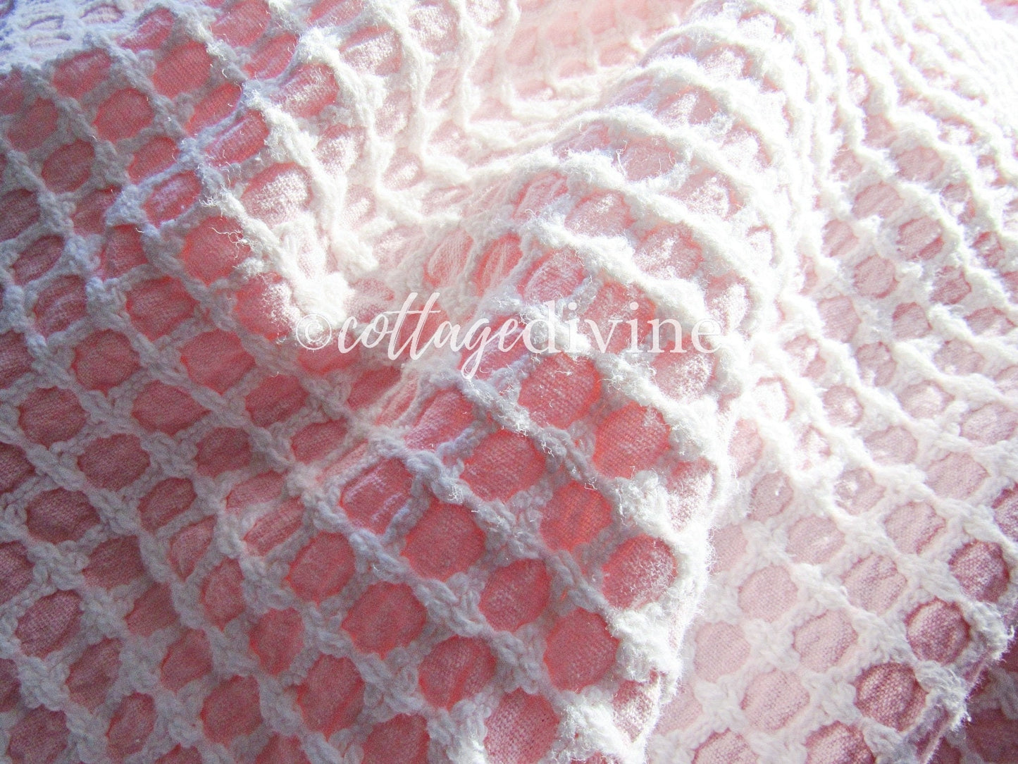 Carnation Pink White Vintage Woven Chenille Fabric Lady Galt Honeycomb Cross 22x24"