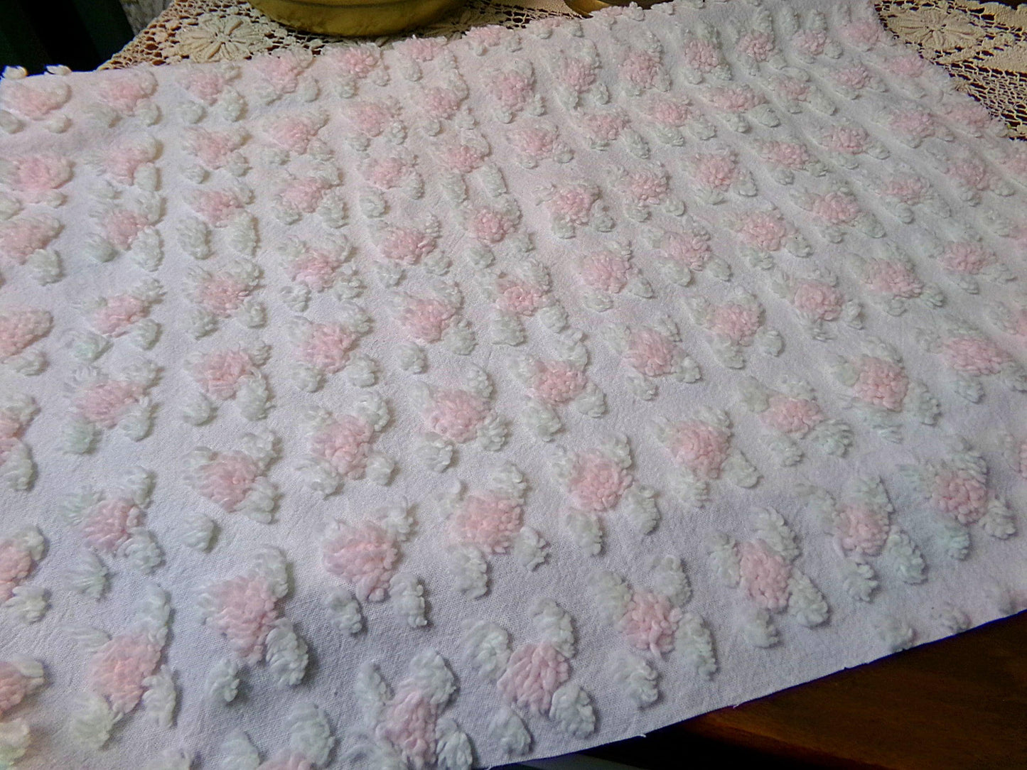 Shabby Pink Rosebud Vintage Chenille Bedspread Fabric Piece, Cottage Style Quilt Material 18" x 24"