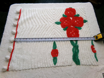 red cabbage rose vintage chenille fabric: 20" x 24" piece w/ white tufts & pom pom trim