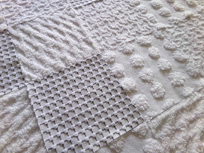 Snowstorm White Vintage Chenille Fabric Squares, Diamond Ice, Coin Pop, Squiggle & Micro Grid, Set of 16 Quilt Blocks, 6" x 6" inch each