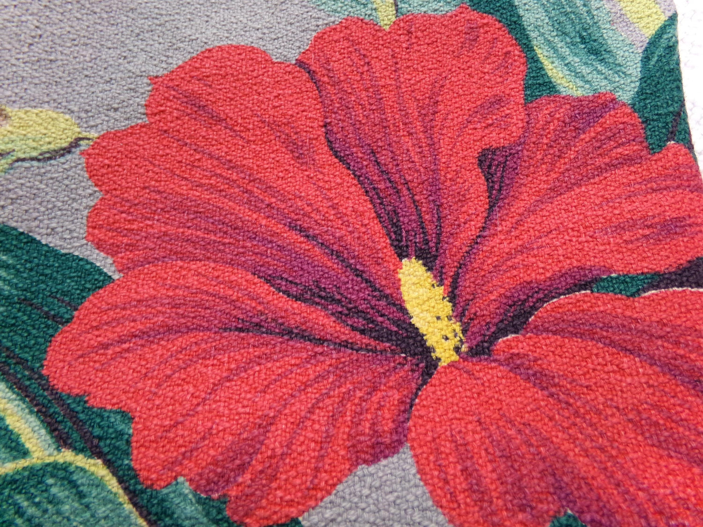 Bold Vintage Barkcloth Fabric Hawaii Hibiscus Pattern Gray Red Cream 19" x 27"