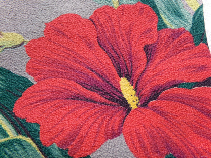 Bold Vintage Barkcloth Fabric Hawaii Hibiscus Pattern Gray Red Cream 19" x 27"