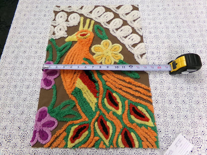 peacock vintage chenille bedspread fabric boho bird brown orange 14x21" small piece
