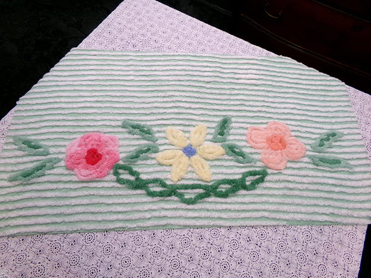 Mint Green Floral Vintage Chenille Bedspread Fabric Piece 18x33"