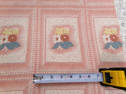 Vintage Pink Floral Fabric, Cotton Woven Cottage Windowpane Design 16.5x23"