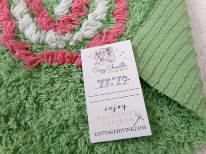 Pink Lollipop Flower Vintage Style Chenille Fabric Apple Green 22 x 27" Sewing Material