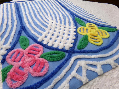 Vintage Chenille Fabric, Waterfall Blue & White Tropical Florals, 20" x 27" Cut Piece