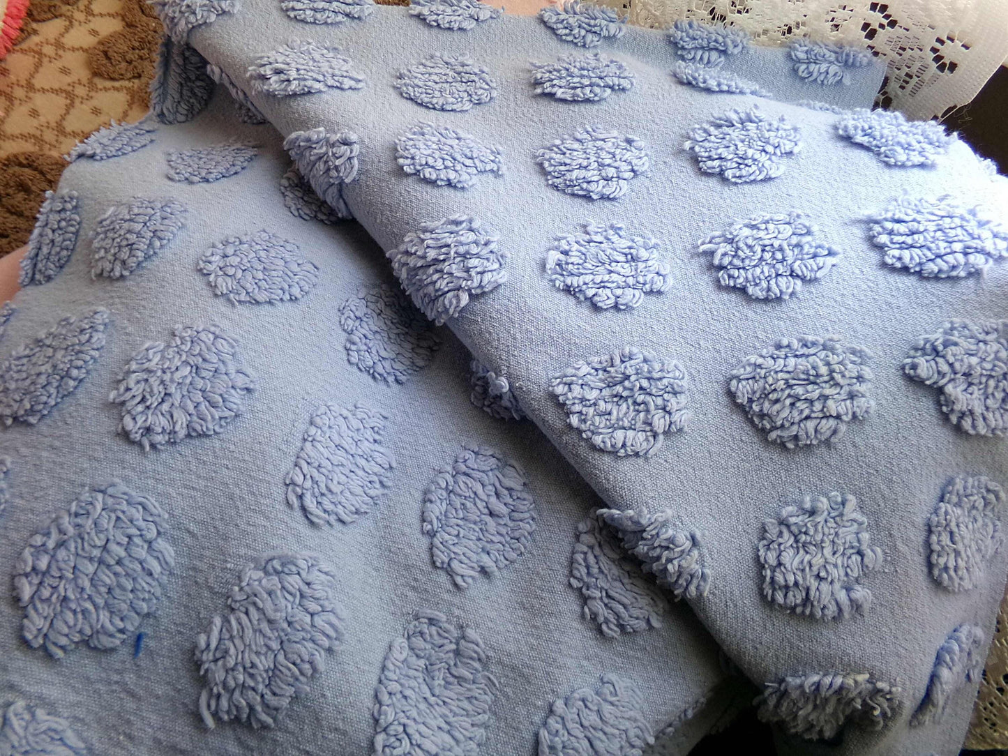 big blue coin pops chenille fabric, vintage style dots on serene blue cotton, 18" x 24" piece of sewing material for crafts & quilting