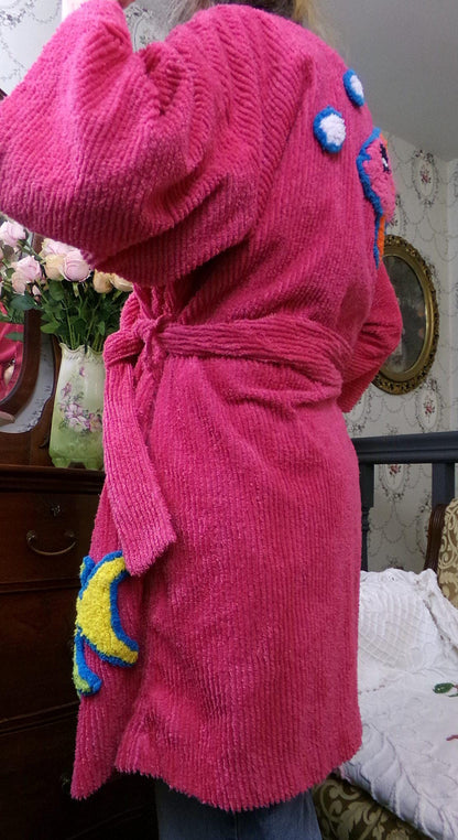 Canyon Group Vintage Chenille Robe, Pink Tropical Fish Short Beach Coverup Bathrobe Kimono Sleeves, M/L