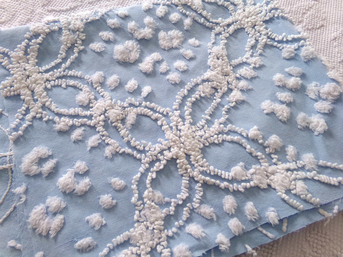 shabby beach chic vintage chenille fabric, 19" x 21" piece w/ snow white pops & links on sky blue cotton