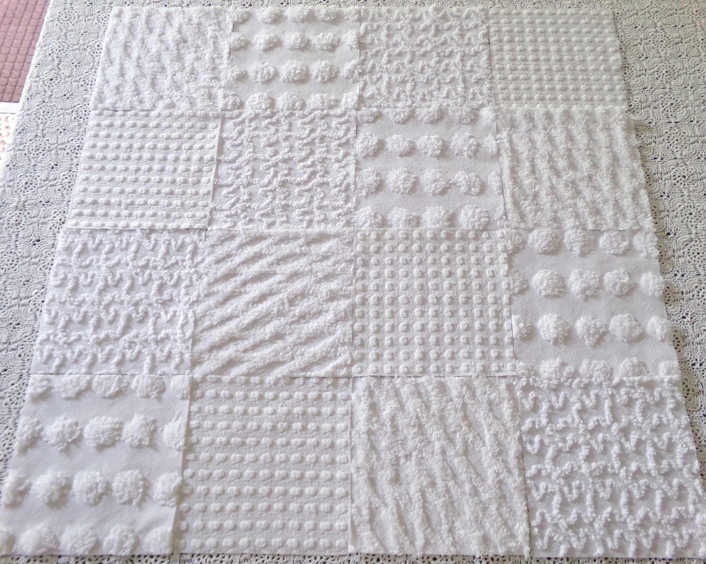 Silent Snowfall Vintage Chenille Fabric Squares, Set of 16 White 6" Cotton Chenille Quilt Blocks for crafting, sewing