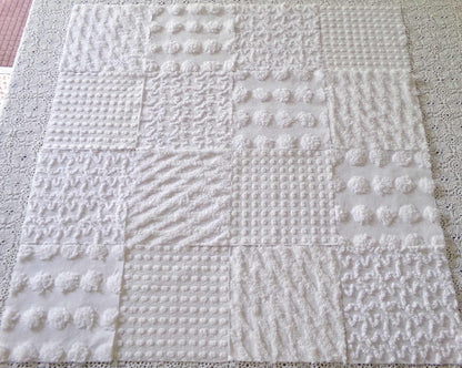 Silent Snowfall Vintage Chenille Fabric Squares, Set of 16 White 6" Cotton Chenille Quilt Blocks for crafting, sewing