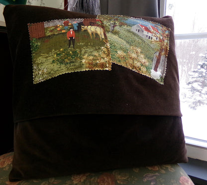 Vintage Barkcloth Pillow Grandma Moses Halloween Folk Art w/ Velvet Back Handmade Americana
