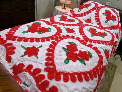 Vintage Chenille Bedspread - Red & White Hearts - Romantic Shabby Chic Cottage Decor - Full Size Bedding