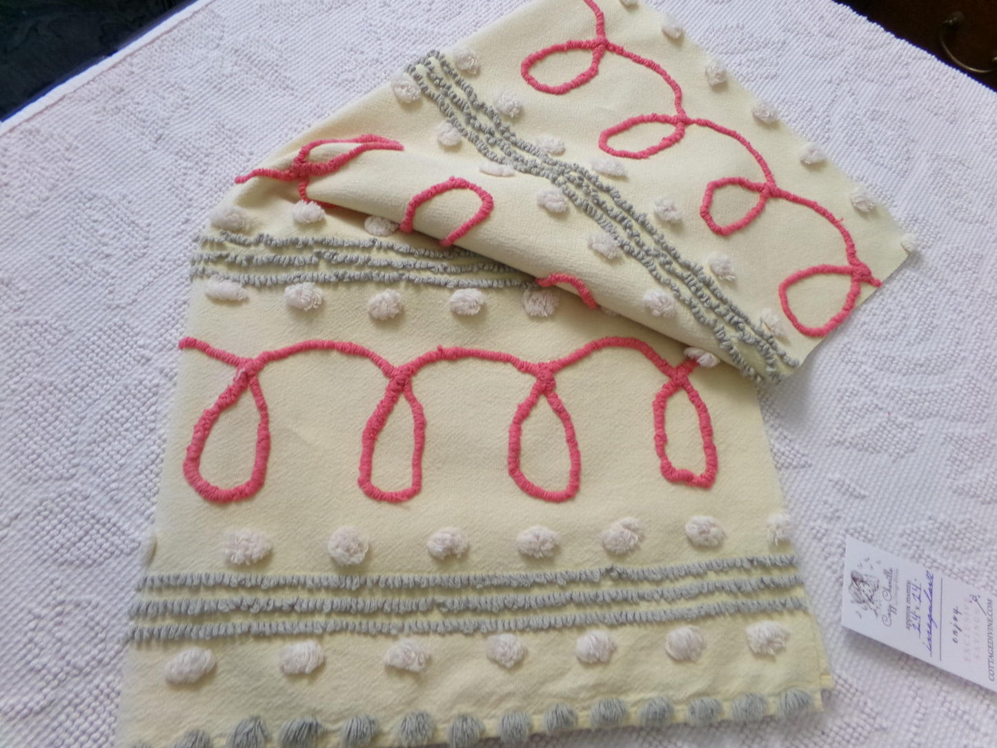 doodle dots vintage chenille bedspread fabric, yellow & red quilt sewing material, 23" x 21" piece