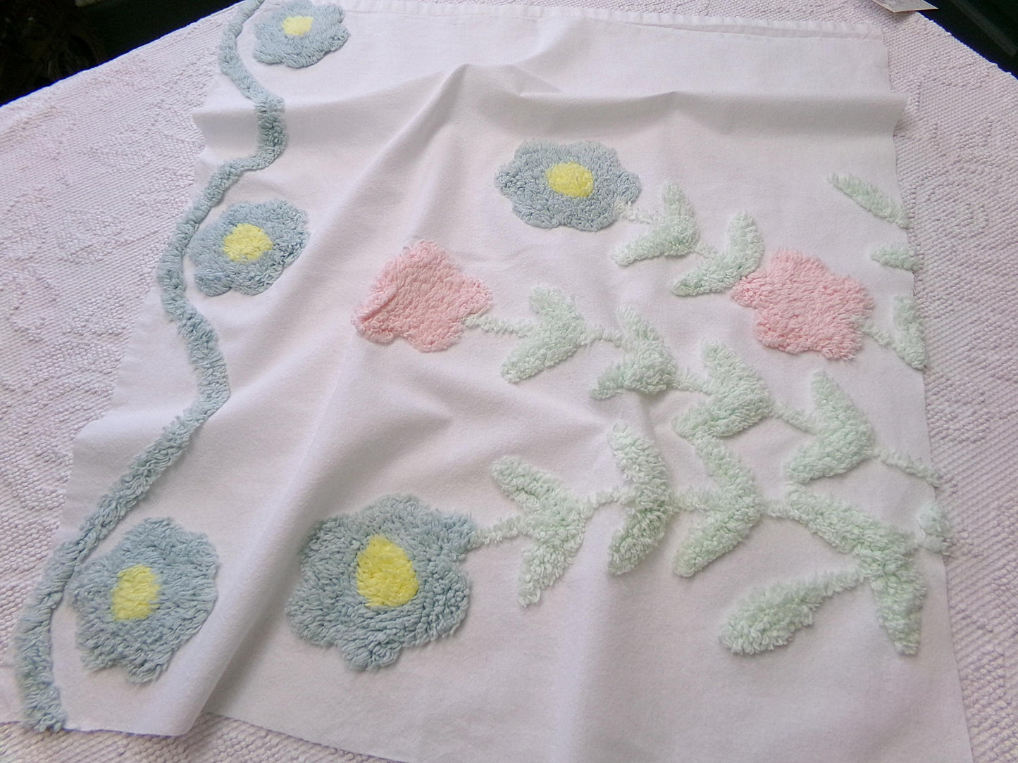 pastel floral tufted fabric, cut from a vintage style chenille bedspread, 20" x 23" piece