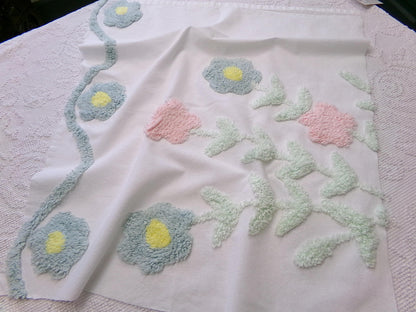 pastel floral tufted fabric, cut from a vintage style chenille bedspread, 20" x 23" piece