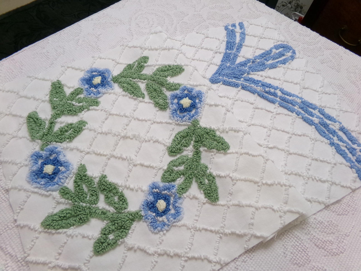 Floral Wreath Vintage Chenille Fabric, Blue & White Sewing Material 15" x 28" Piece