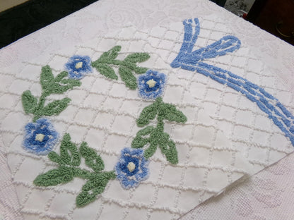 Floral Wreath Vintage Chenille Fabric, Blue & White Sewing Material 15" x 28" Piece