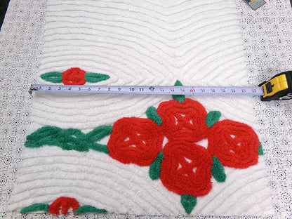 Shabby Cabbage Roses Vintage Chenille Bedspread Fabric, Plush Red Floral 20x24"