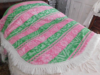 Boho Vintage Bedspread, Woven Chenille Folk Art Pink & Green Hobnail w/ Fringe, Twin Sz