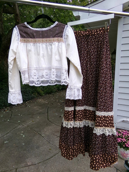 Vtg Gunne Sax Maxi Skirt Set Velvet Accent & Boho Crop Top Blouse w/ Embroidery