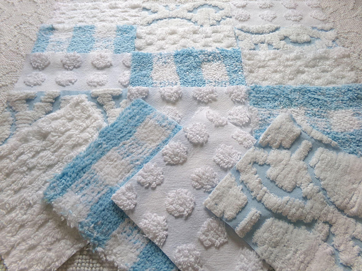 country gal chenille fabric squares, 16 vintage 6" quilt blocks in cool blue & white, for sewing, crafts, fiber arts