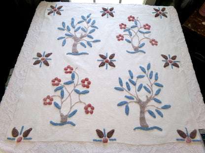 Vintage Bohemian Chenille Fabric - Natural Woodland Tree Floral & Star Design, 28" x 29"