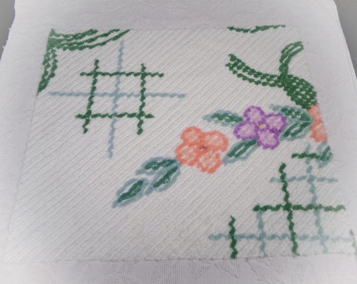 Unique Vintage Chenille Bedspread Fabric, Geometric Floral 20" x 24" piece sewing material