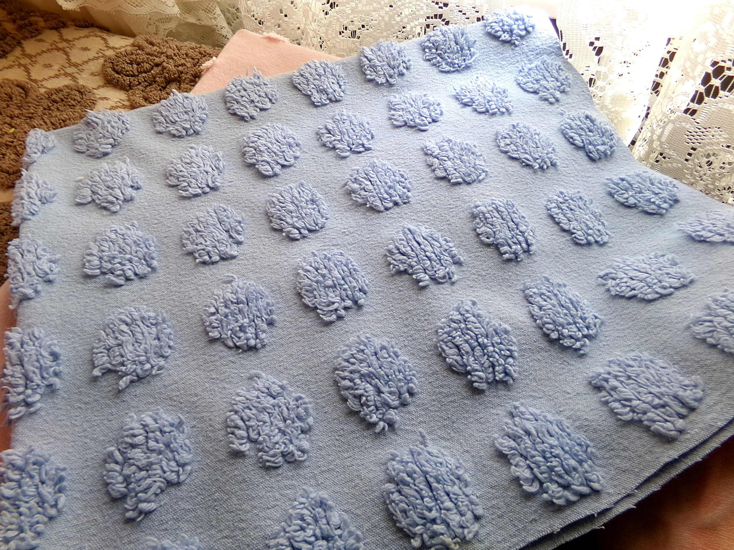 big blue coin pops chenille fabric, vintage style dots on serene blue cotton, 18" x 24" piece of sewing material for crafts & quilting