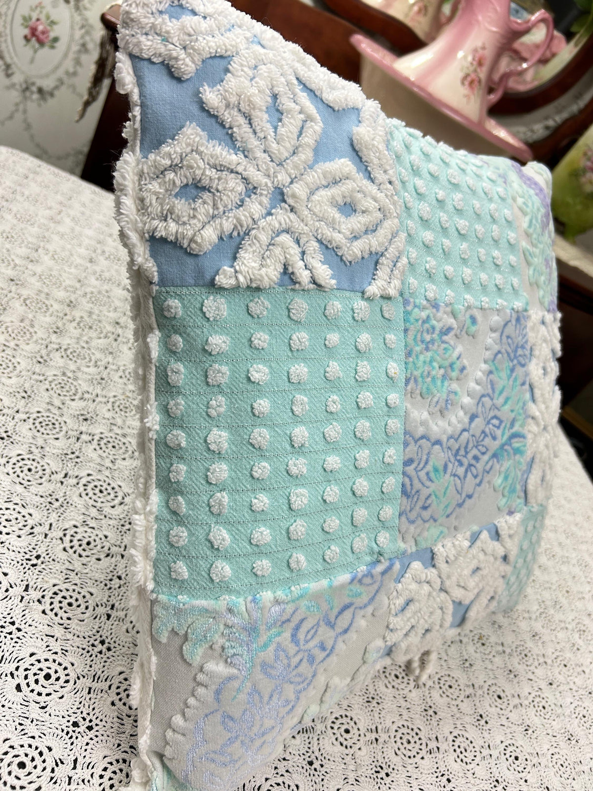 Vintage Velvet & Chenille Pillow Cover, 16" Square Reversible Coastal Patchwork Design