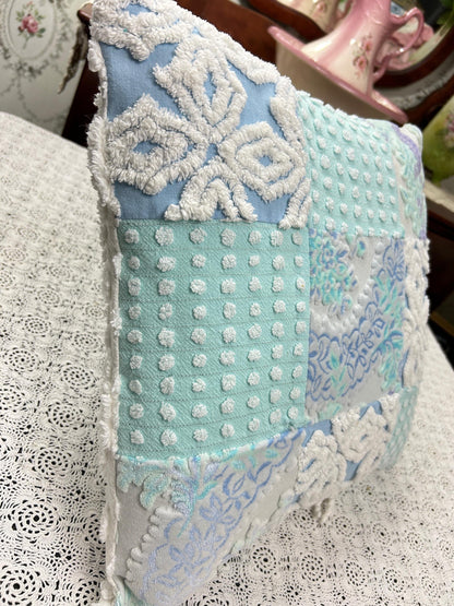 Vintage Velvet & Chenille Pillow Cover, 16" Square Reversible Coastal Patchwork Design