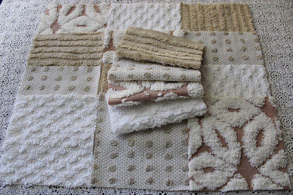 Chenille Fabric Squares, Neutral Sand, Tan & White Craft Square Set from Vintage Bedspread Fabric, 16 Blocks, 6" x 6" inch