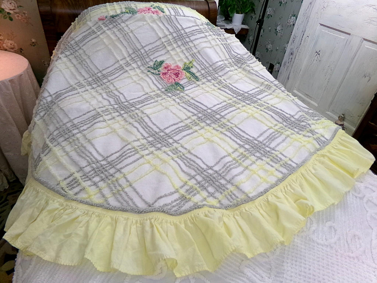 Vintage Pink Rose Chenille Bedspread Plaid Ruffled Shabby Chic Farmhouse Full Size