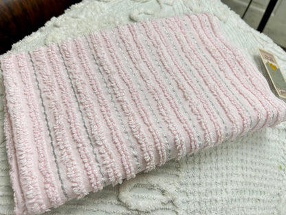 Light Pink Vintage Chenille Fabric, Silver Shimmer Stripes, 22x24"