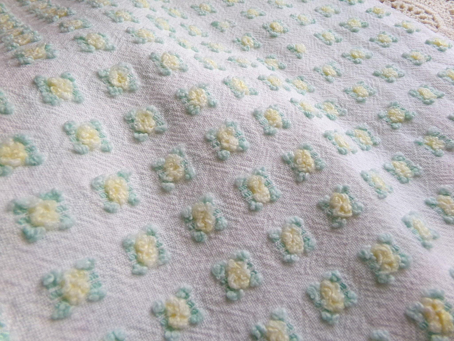 tiny tuft yellow rosebud vintage chenille fabric, textured mini rose design, 18" x 21.5" piece quilt material