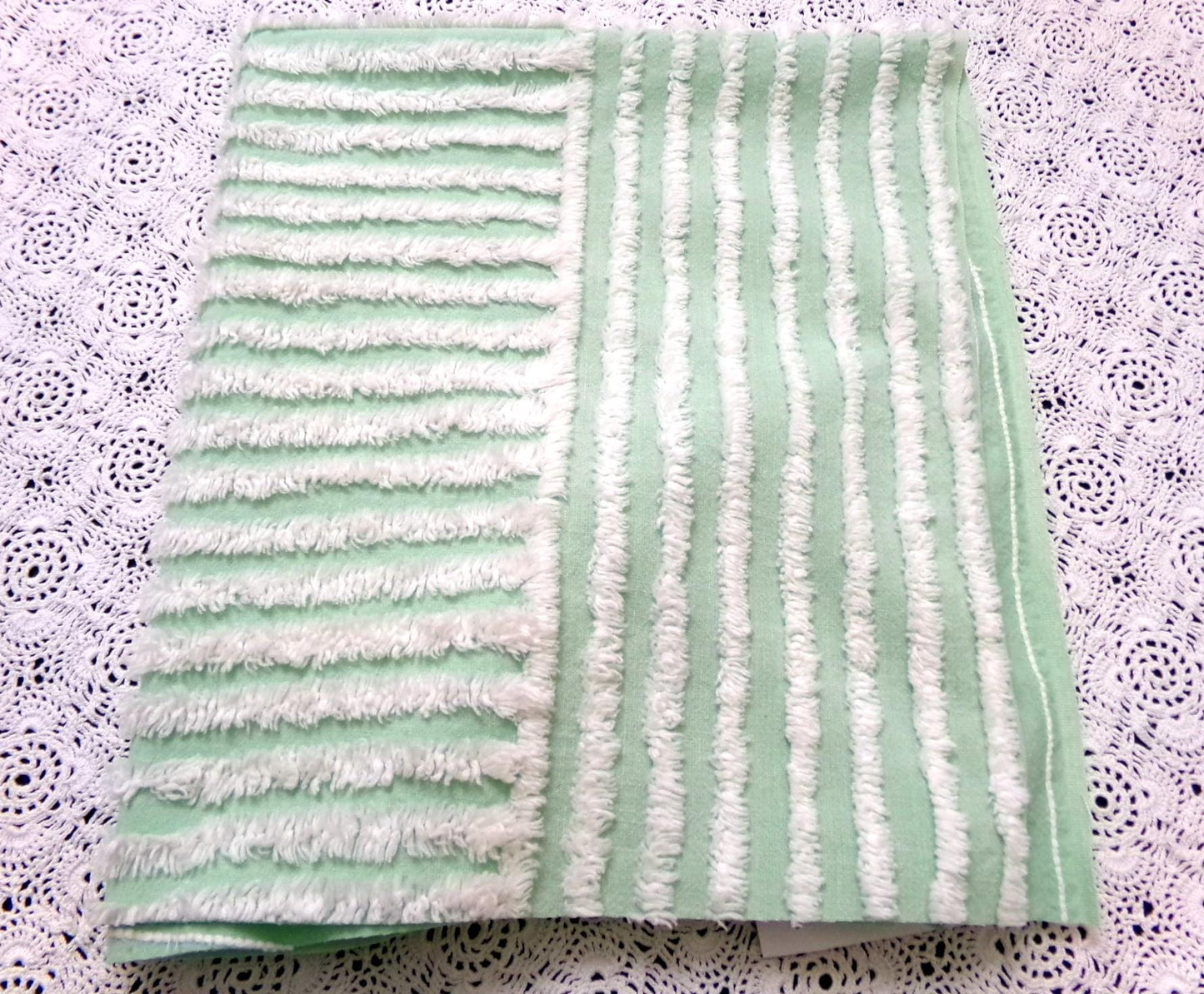 Vintage Mint Green Chenille Bedspread Fabric, White Multidirectional Stripe 24x21"
