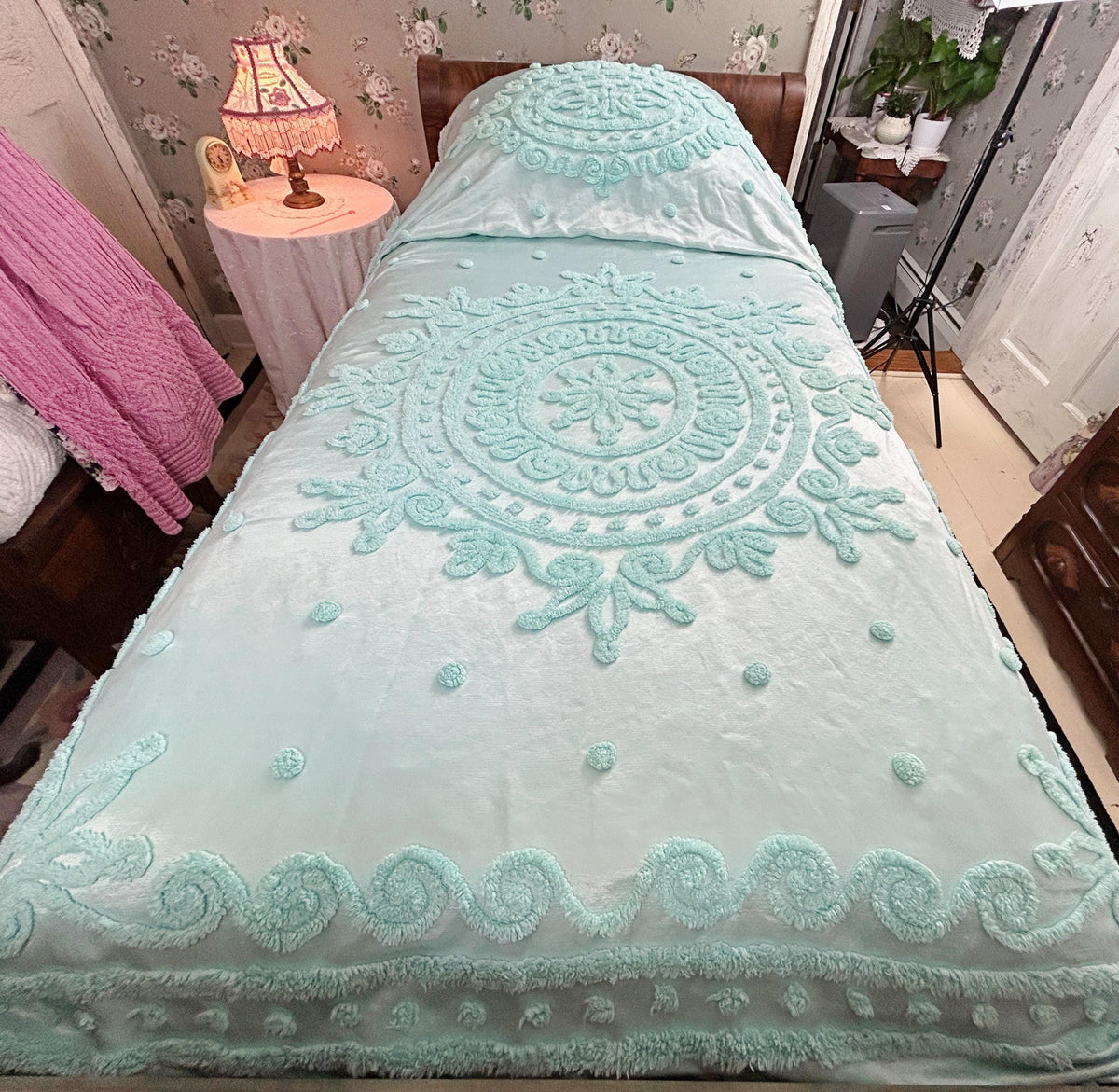 Seafoam Vintage Satin Bedspread Aqua Glamour Tufted Chenille Full Sz