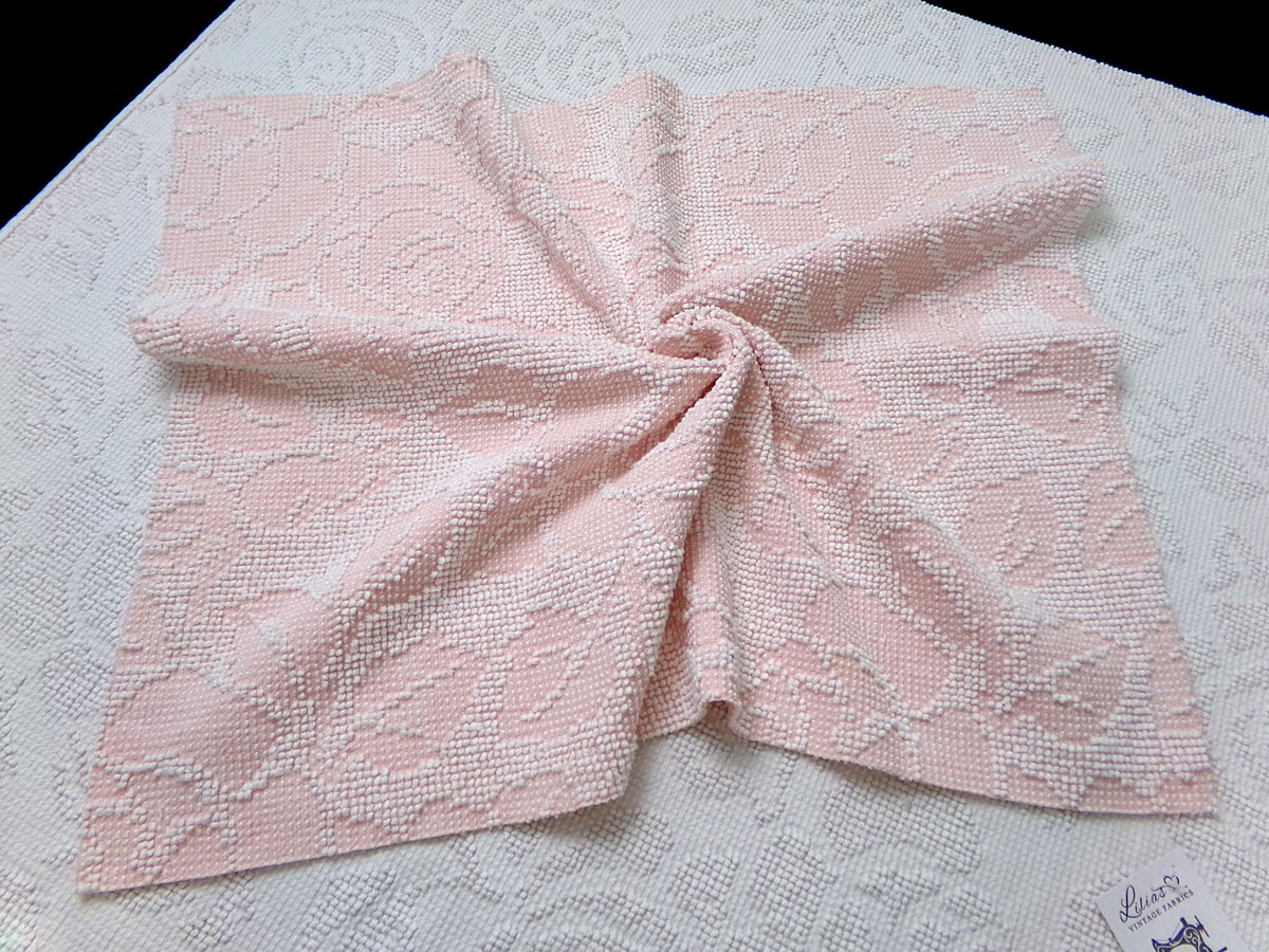 Pink Rose Vintage Chenille Fabric Piece Hobnail Cabbage Rose Reversible Shadow 18x24"