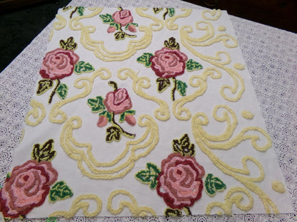 Shabby Pink Rose Vintage Chenille Fabric Dramatic Scrollwork Sewing Quilt Material 25" x 23"