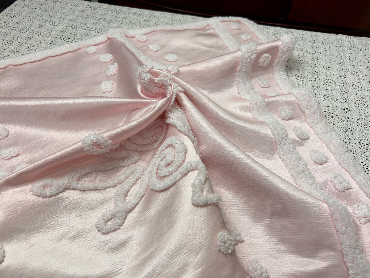 Pink Satin Vintage Fabric, Shabby Tufted Chenille 24x23" Sewing Craft Textile