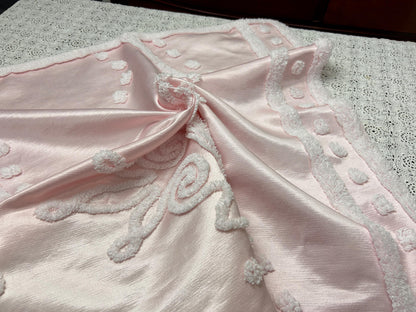 Pink Satin Vintage Fabric, Shabby Tufted Chenille 24x23" Sewing Craft Textile