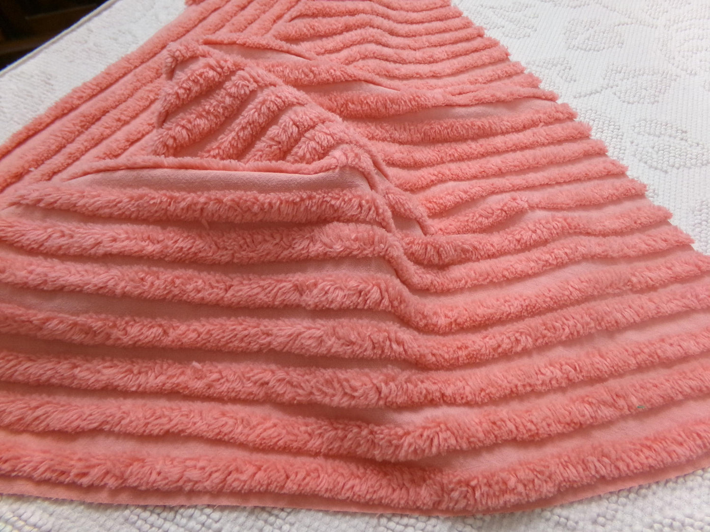Melon Striped Vintage Chenille Bedspread Fabric, Tufted Peach Stripes, 17" x 24"