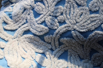Plush Tufted Tulips Vintage Chenille Fabric, Sky Blue & White, 20" x 31" Inch Piece, Beautiful in Quilts, Pillows