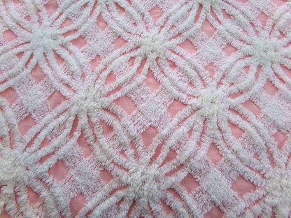 quilter's favorite chenille fabric, classic pink & white spider tufted sewing material, 20" x 24" inch piece from vintage chenille bedspread